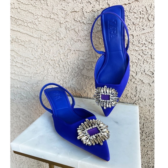 Zara Shoes - ZARA NWOT Blue Jewel Rhinestone Buckle Pointy Satin Shimmery Slingback Heels 38